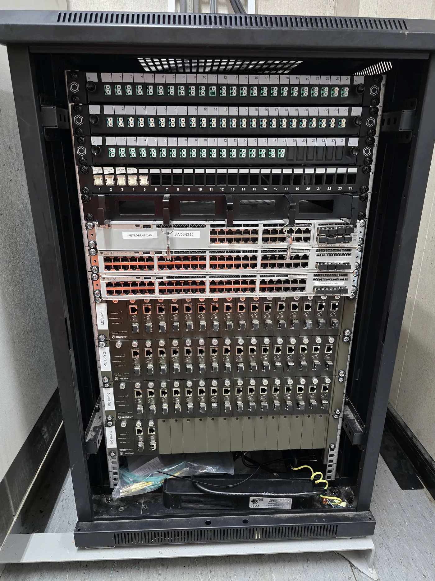 Telecom rack with patch panels and switches