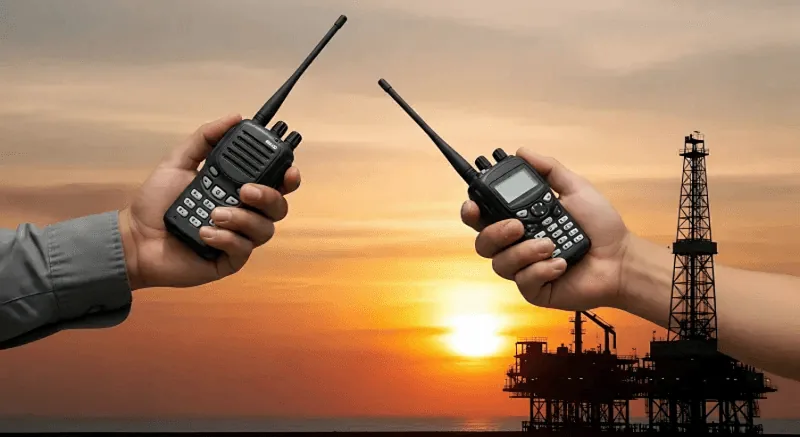 UHF and VHF handheld radios at sunset with a platform on the horizon